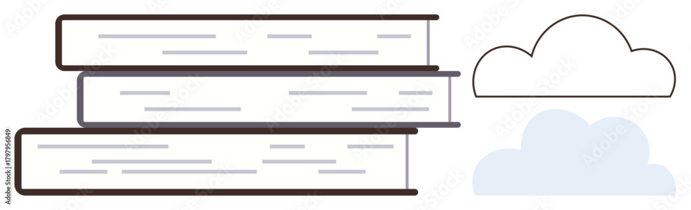 Fototapeta premium Three stacked books paired with a cloud icon symbolizing education, knowledge sharing, digital learning transition, e-books, library resources, distance learning, and innovative pedagogy. Ideal