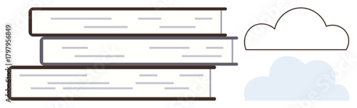 Three stacked books paired with a cloud icon symbolizing education, knowledge sharing, digital learning transition, e-books, library resources, distance learning, and innovative pedagogy. Ideal