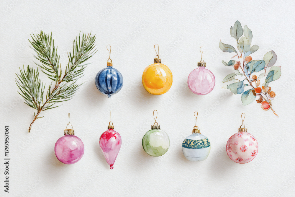 Fototapeta premium Watercolor Illustration of various red Christmas ornament balls on white background, AI generated