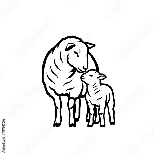 A tender mother sheep lovingly nuzzles her adorable lamb, a poignant monochrome portrayal of familial warmth and the gentle intimacy of the countryside. vector illustration