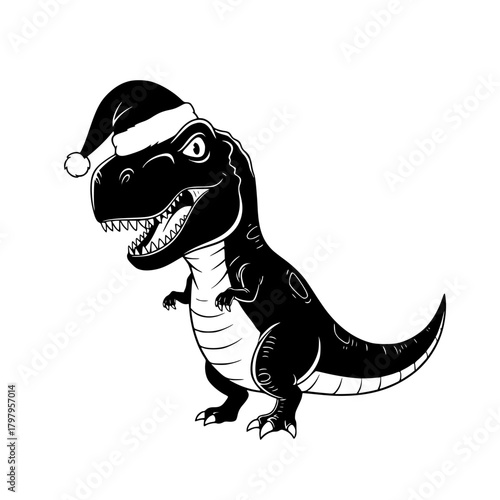A festive Tyrannosaurus Rex dons a Santa hat with a touch of holiday cheer in this illustration. A playful, monochrome illustration for seasonal decorations. vector illustration