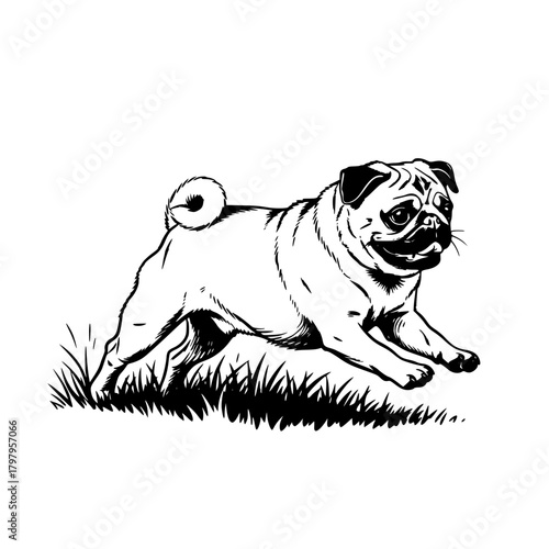 A charming pug in mid-stride. An exquisite illustration, depicting a lovable pug, rendered with attention to detail and a touch of whimsy.  vector illustration