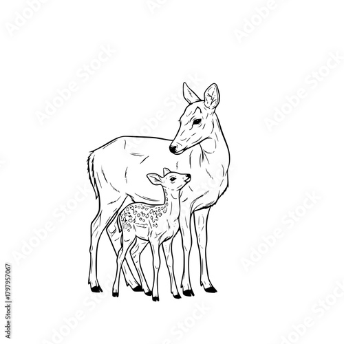 A tender illustration of a doe and its fawn, standing close together in a moment of pure affection. The image captures the bond, innocence, and love. vector illustration