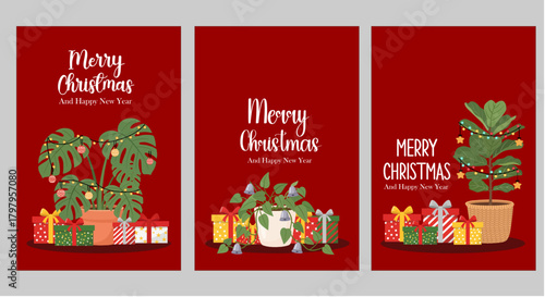 Set of 3: Red Merry Christmas Cards with Trendy Houseplants Decoration and Gifts on Solid Background