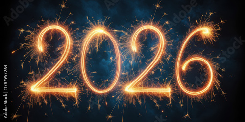 2026 fireworks numbers glowing celebration photo on dark sky
