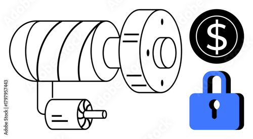 Large cylindrical motor mechanism with money symbol and blue lock. Ideal for finance, technology, digital security, machinery, e-commerce, data protection, simple flat metaphor