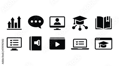 E-learning and online education concept vector icons. digital learning, growth, communication, video, assessment, and academic success symbols set.