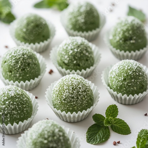 Minty Green Dessert Balls Arranged Neatly on a White Background With Fresh Mi...