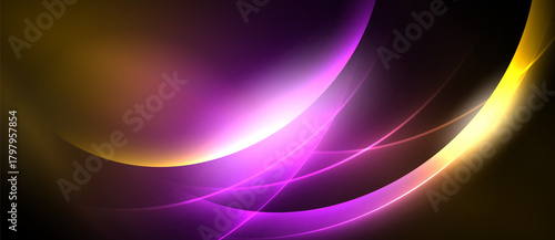 Abstract design features flowing curves, vibrant colors. Purple, gold hues dominate dark background. Smooth gradients create dynamic visual effect.