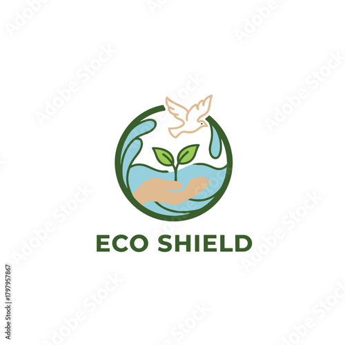 Eco shield logo depicting hands, leaves, and a dove in nature  