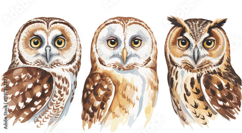 Detailed Vector Collection of Three Beautiful Owls in Realistic Watercolor Style, Featuring Tawny, Barn, and Long-Eared Species,  and Rustic Decor Projects.