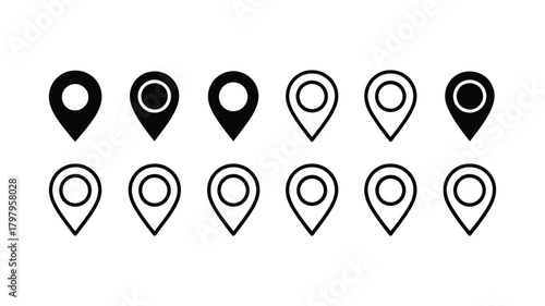 Comprehensive collection of location pin icons in both black filled and outline styles, perfect for mapping, navigation, gps, and ui design