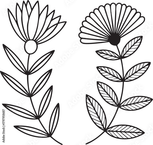 Black outline floral stems with leaves and flowers
