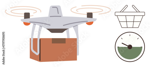Delivery quadcopter carrying box with propellers spinning, timer, and basket icon. Ideal for logistics, e-commerce, fast delivery, technology, efficiency automation and modern shopping. Simple flat