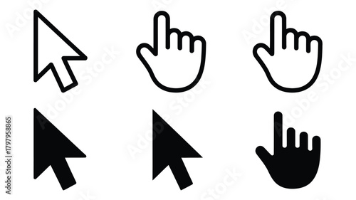 Collection of various black outline and solid fill computer mouse pointer icons including arrow cursors and hand pointers for web ui design elements
