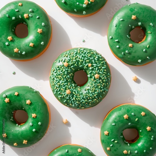 Bright Green Donuts With Festive Sprinkles Arranged on a White Background