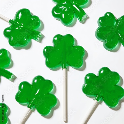Colorful Green Clover Lollipops Arranged on a White Background for Festive Ce...