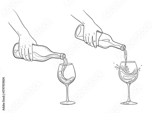 Wine pouring illustration in line art in black and white