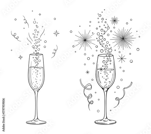 Champagne flutes line art in black and white