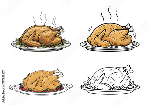 Illustrations of roast turkeys in various styles in color and black and white