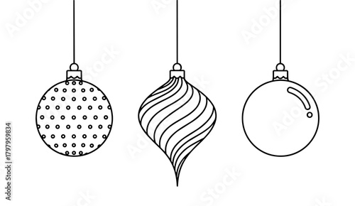 Christmas decorations hanging on strings in minimalist black and white line art
