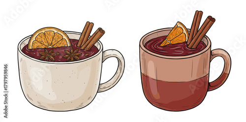 Mulled wine mugs illustration in warm reds and browns on white background