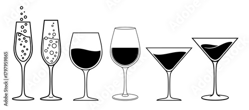 Champagne, wine, and martini glasses in minimalist line art in black and white