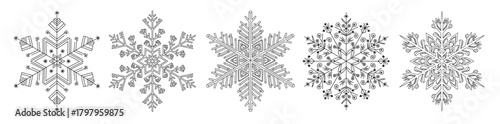 Snowflakes in minimalist line art in black and white
