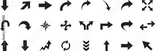 Collection of various black arrow icons on a, representing direction and movement