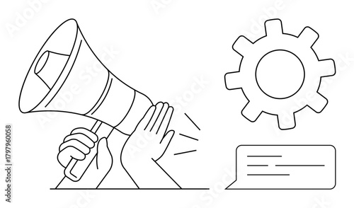 Hands holding a megaphone emitting sound waves, a cogwheel symbolizing process, and a speech bubble signifying dialogue. Ideal for communication, teamwork, business strategy, marketing, efficiency