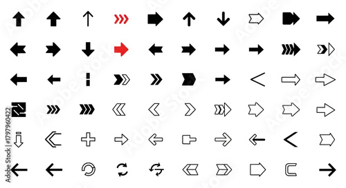 Collection of various arrow icons and directional symbols isolated on white background