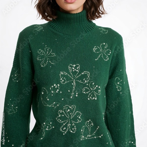 Green Sweater With Clover Design Worn by Woman for Festive Occasion