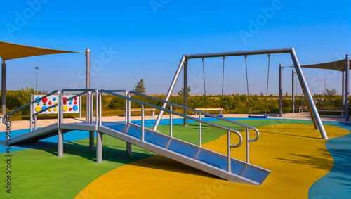 Modern, inclusive, and accessible playground with a ramp, slide, swings, and vibrant rubber flooring under a sunny blue sky. Concept of safe play and child development.
