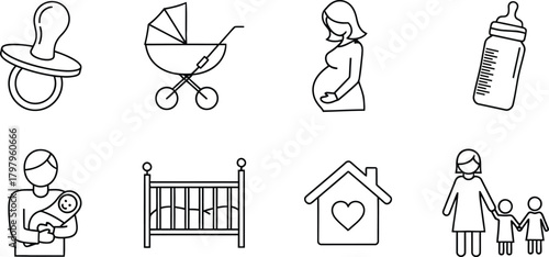 Collection of hand drawn baby and family icons representing parenthood and childhood essentials