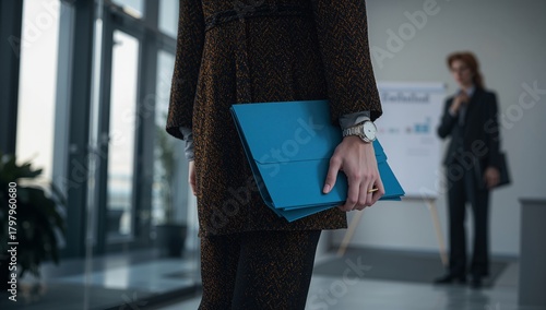 Business Professional Carrying Blue Folders During a Presentation in a Modern...
