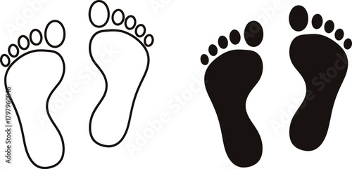 Two sets of footprints one outlined and one solid black on a white background