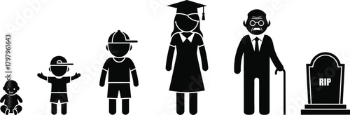 Silhouette figures representing the stages of human life from infancy to death