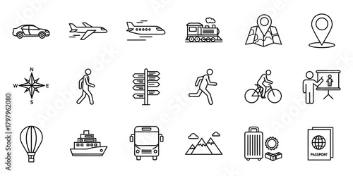 Essential travel and transportation icons