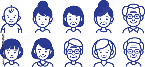 Diverse group of people representing different ages from baby to elderly in simple line art style
