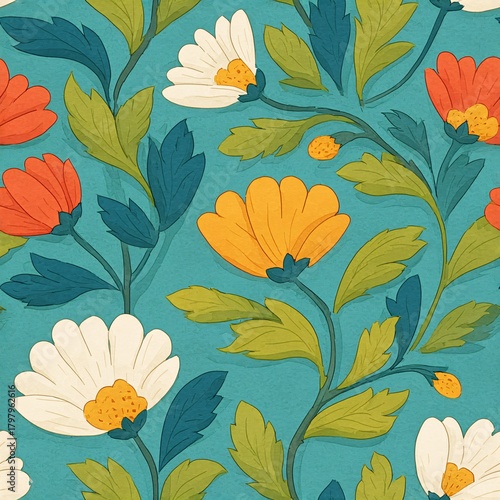 Floral pattern wall art textile design seamless repeat vibrant colors nature-inspired digital illustration