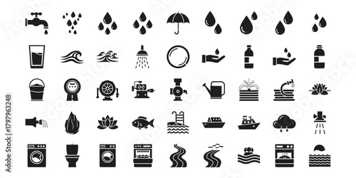 Water resource, usage, and fluid icons set.