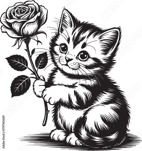 A charming black and white sketch of a fluffy kitten sitting and holding a single rose with its paw. The artwork has a hand-drawn feel.
