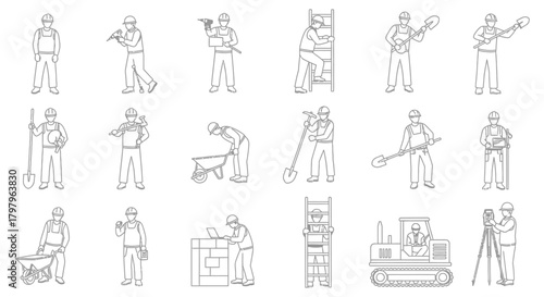Line art illustration depicting various construction workers and associated equipment