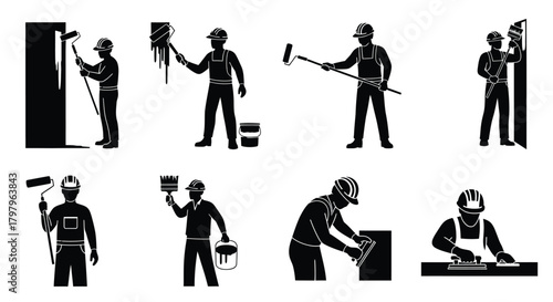 Black and white silhouettes of construction workers performing various tasks