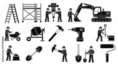 Construction icons including workers tools machinery and equipment in black and white