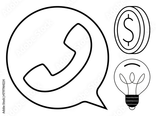 Phone in speech bubble, lightbulb, and coin icons highlight communication, ideas, and finance. Ideal for business, technology, entrepreneurship, startups innovation cost management and strategy in