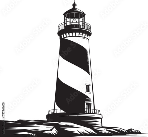 A graphic illustration of a classic lighthouse with bold black and white stripes, standing tall on a rocky coastline against a white background.