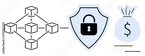 Blockchain network connected to a security shield with a lock and a money bag representing finance, security, and transparency. Ideal for blockchain, cybersecurity, finance, digital currency