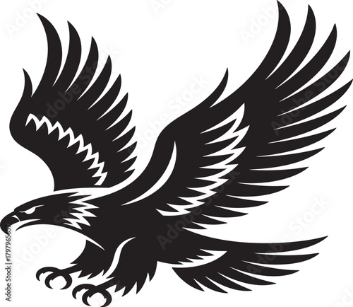A striking black silhouette of an eagle in mid-flight, its powerful wings fully extended, showcasing its predatory grace and strength.
