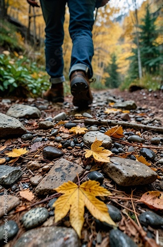 Man walking on a rocky trail covered with autumn leaves in a forest setting